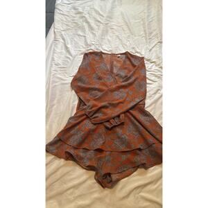 Womens Orange Blue Floral Print Long Sleeve Ruffle Tiered Romper Playsuit